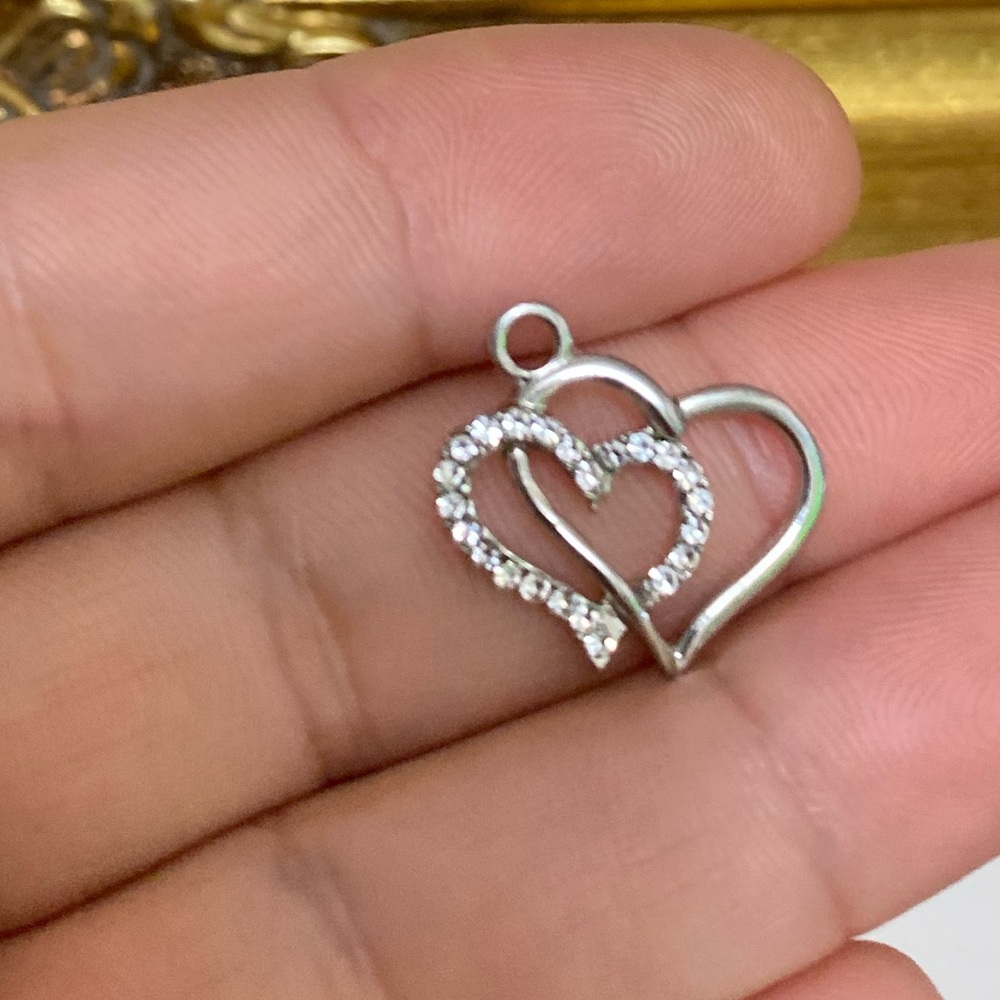 Silver tone Double Heart Pendant with Clear Crystals